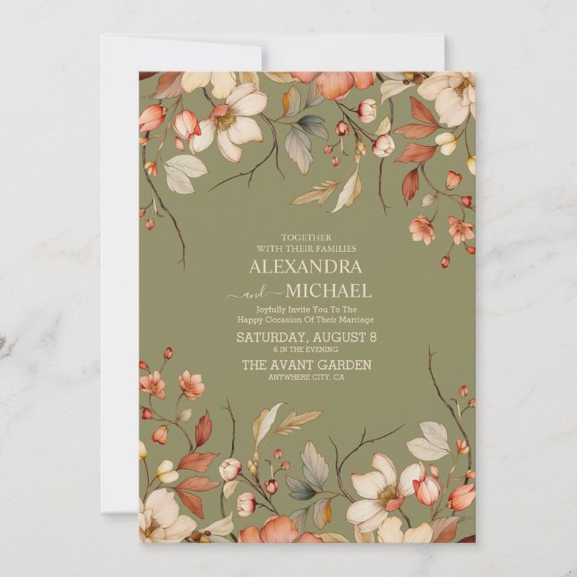 Boho Fall Wildflower Green Wedding Invitation (Front)