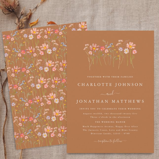 Boho Fall Wildflower Meadow Brown Orange Wedding Invitation (Boho fall Wildflower floral brown sugar terracotta orange Wedding invitation Elegant modern script)