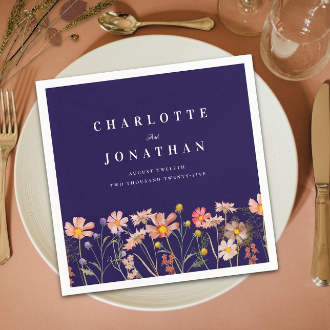 Boho Fall Wildflower Meadow Navy Blue Wedding Napkins (Boho fall wildflower meadow  floral navy blue and white wedding custom napkins Modern elegant )