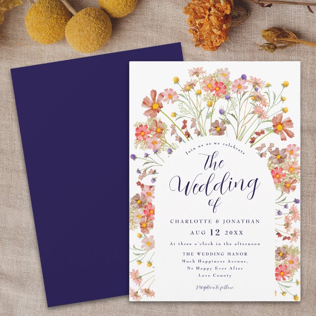 Boho Fall Wildflower Navy Blue and White Wedding Invitation (Boho fall rustic wildflower floral arch navy blue and white wedding invitation watercolor flowers)