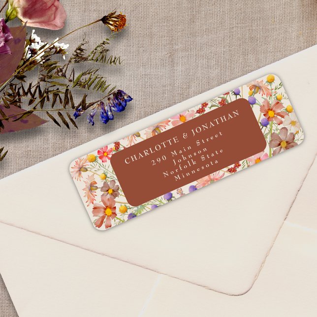Boho Fall Wildflower Rustic Floral Wedding Label (Boho fall rustic wildflower floral burnt Orange terracotta beige wedding return address label )