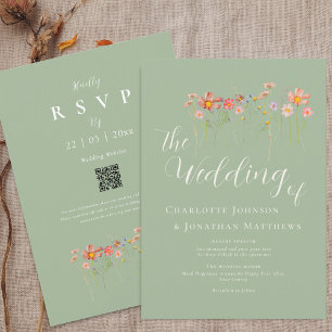 Boho Fall Wildflower Sage Green QR Code Wedding Invitation