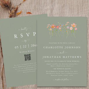Boho Fall Wildflower Sage Green Wedding QR Code Invitation
