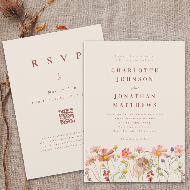 Boho Fall Wildflower Terracotta Beige Wedding Invitation (Wildflower floral terracotta beige boho fall Wedding qr code invitation Watercolor meadow flowers)