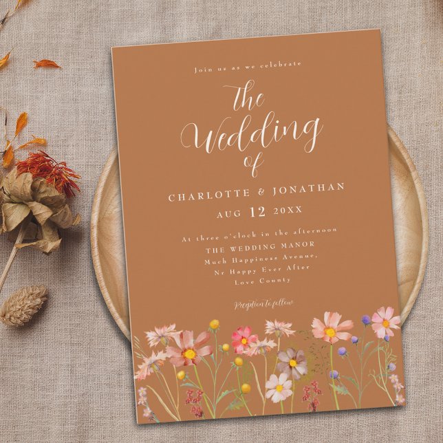 Boho Fall Wildflower Terracotta Floral Wedding Invitation (Boho fall wildflower meadow wedding invitation in burnt orange umber terracotta purple yellow)