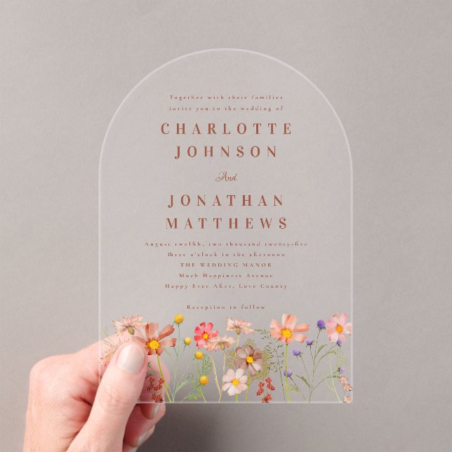 Boho fall Wildflower Terracotta Rust Wedding Acrylic Invitations (Insitu (Handheld))