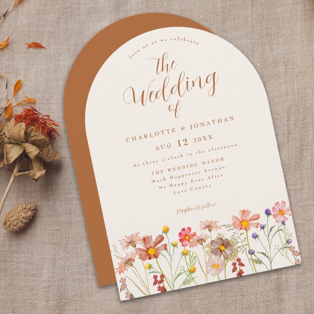 Boho Fall Wildflower Terracotta Wedding Invitation (Boho fall Wildflower arch terracotta burnt orange Wedding invitation with elegant script)