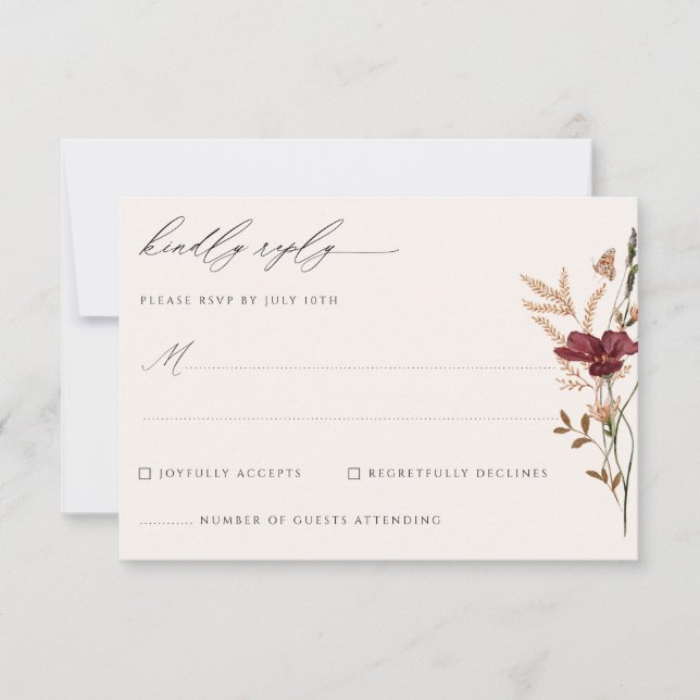 Boho Fall Wildflower Vintage Wedding RSVP Card (Front)