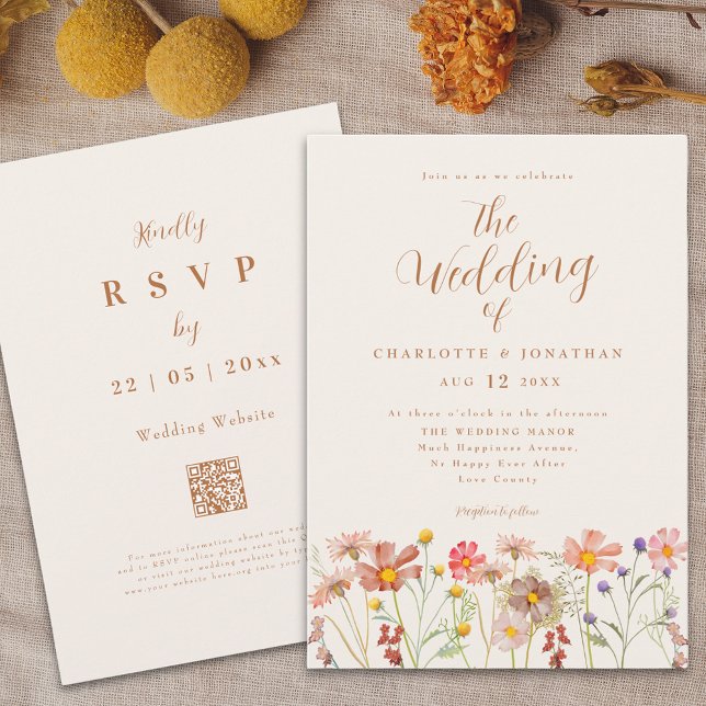 Boho Fall Wildflower Wedding Invitation (Boho fall wildflower meadow burnt Orange terracotta wedding elegant script )