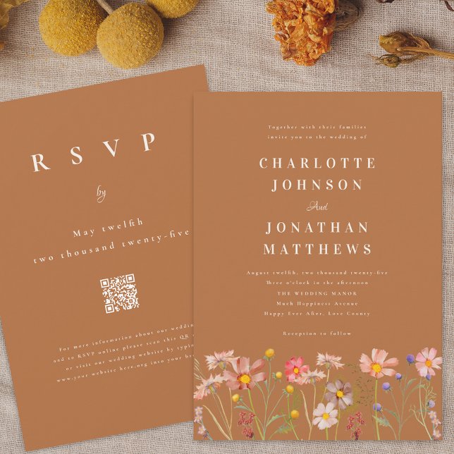 Boho Fall Wildflower Wedding Invitation (Boho fall Wildflower terracotta Wedding invitation with RSVP online website qr code)