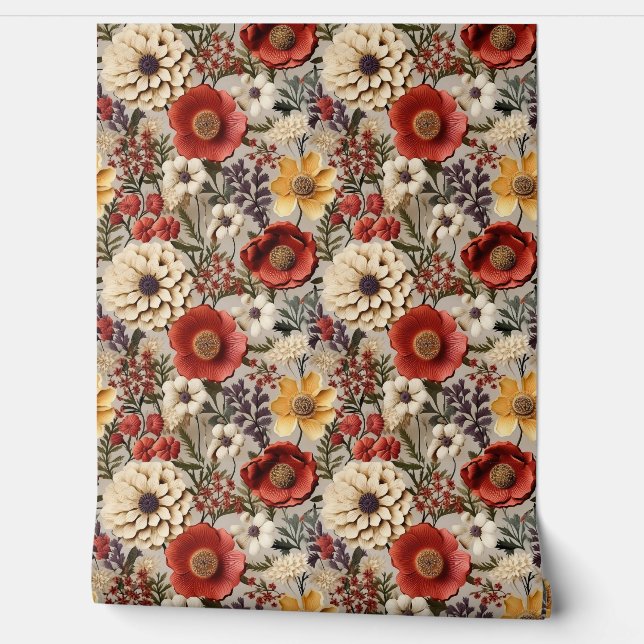 Boho fall wildflowers copper rust burgundy wallpaper  (Unrolling)