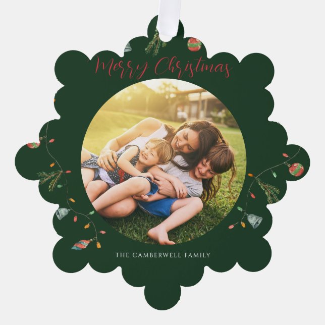 Boho Family Photo Rustic Christmas Holidays Ornament Card (Front)