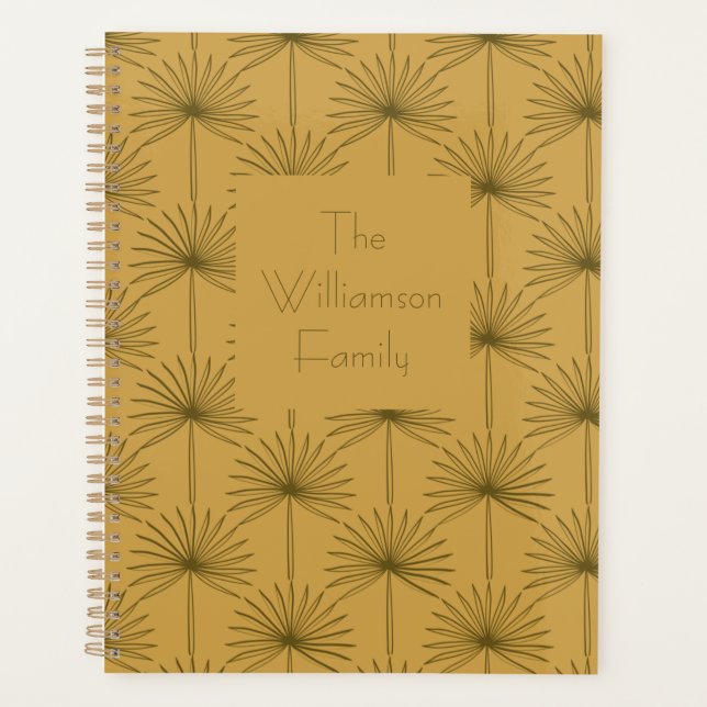Boho Fan Palm Leaf Botanical Line Art Family Name  Planner (Front)