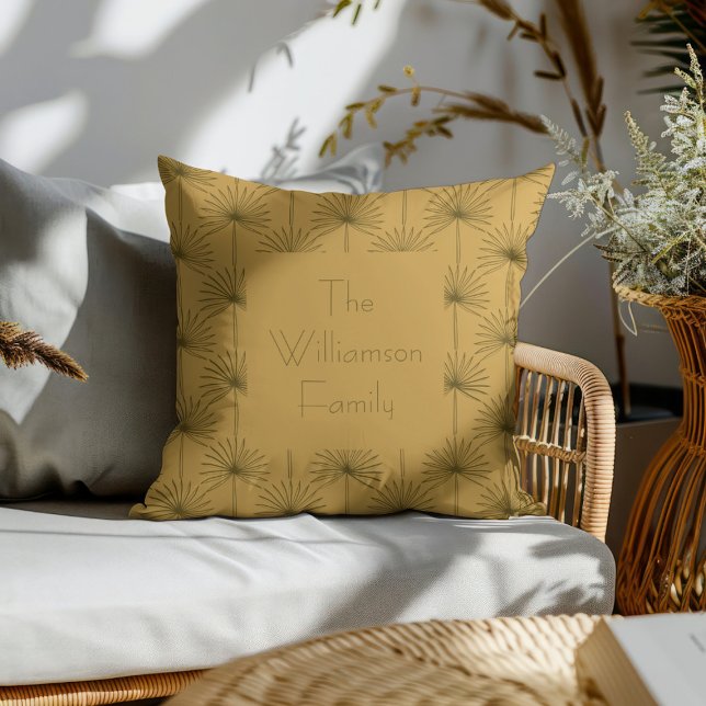 Boho Fan Palm Leaf Botanical Line Art Family Name Throw Pillow (Creator Uploaded)