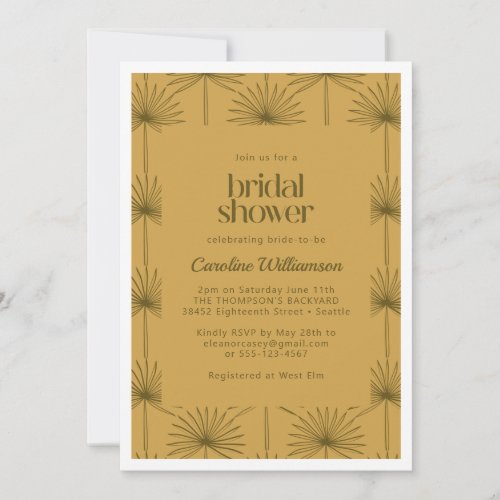 Boho Fan Palm Leaf Botanical Mustard Bridal Shower Invitation