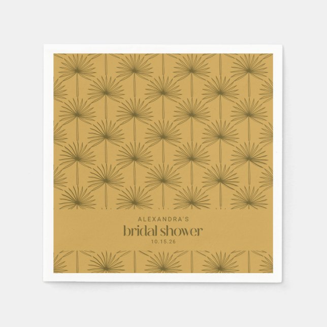 Boho Fan Palm Leaf Botanical Mustard Bridal Shower Napkins (Front)