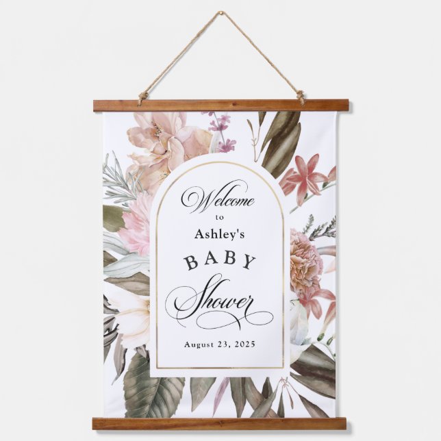 Boho Fantasy Watercolor Floral Baby Shower Hanging Tapestry (Front)