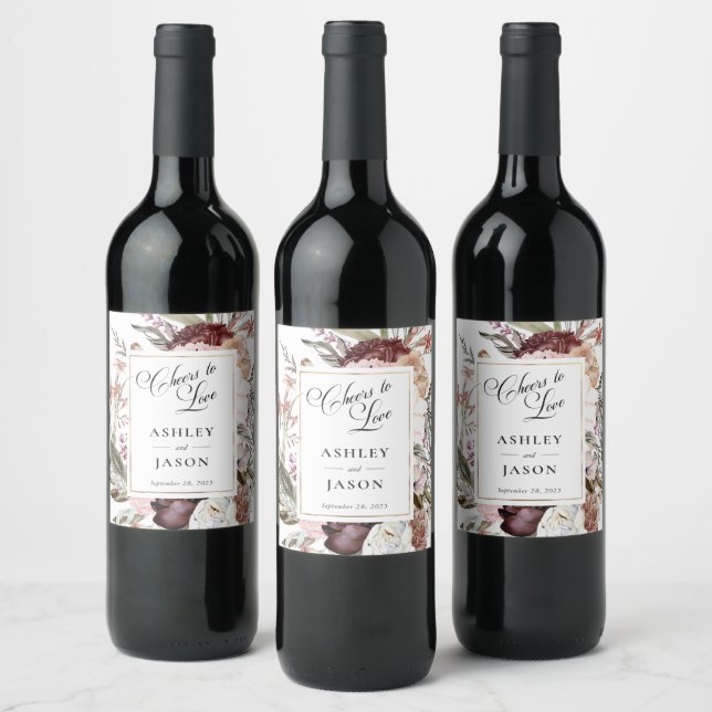 Boho Fantasy Watercolor Floral Wedding Wine Label (Bottles)