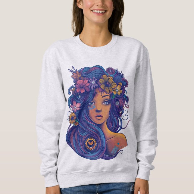 Boho Fantasy Woman with Floral Hair Sweatshirt (Front)