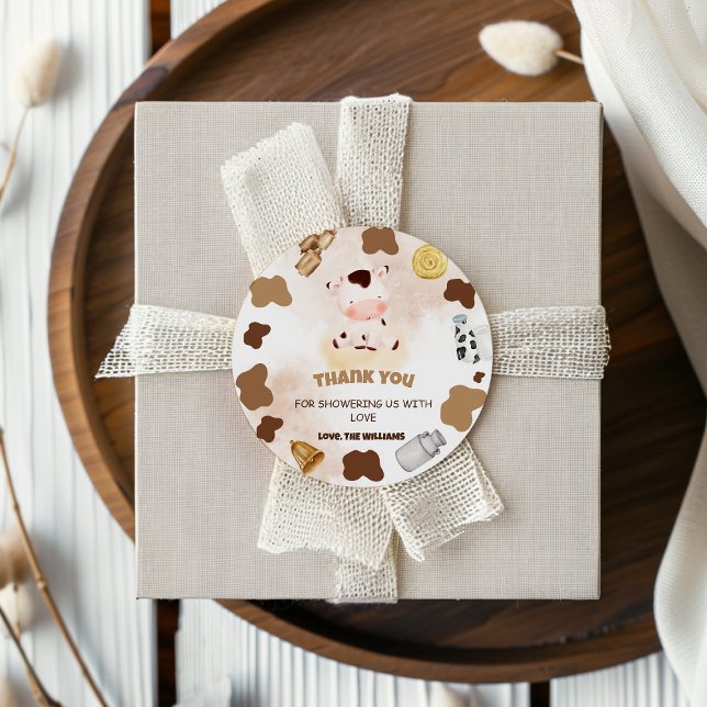 Boho Farm Cow Baby Shower Thank You Classic Round Sticker (Creator Uploaded)