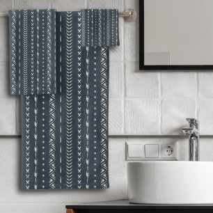 Boho Farmhouse Arrow Stripe Geometric Dark Blue Bath Towel Set