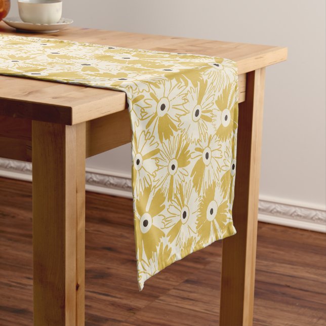 Boho Farmhouse Retro Daisy Pattern Mustard Gold Short Table Runner (In Situ)