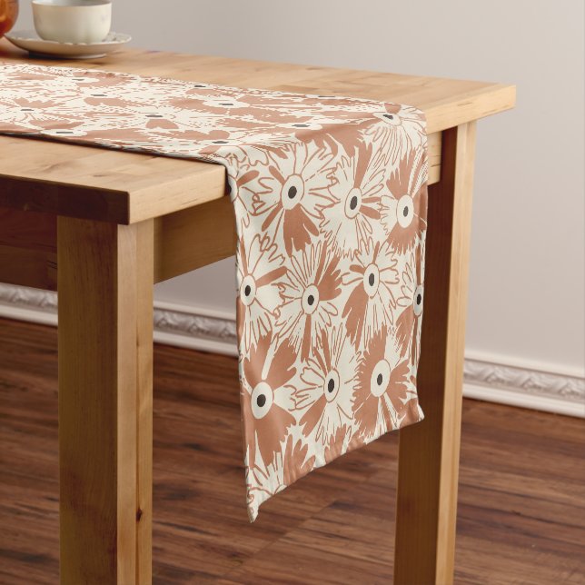 Boho Farmhouse Retro Daisy Pattern Terracotta Short Table Runner (In Situ)