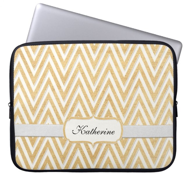 BOHO Faux Burlap n Lace Chevron modern mod style Laptop Sleeve (Front)
