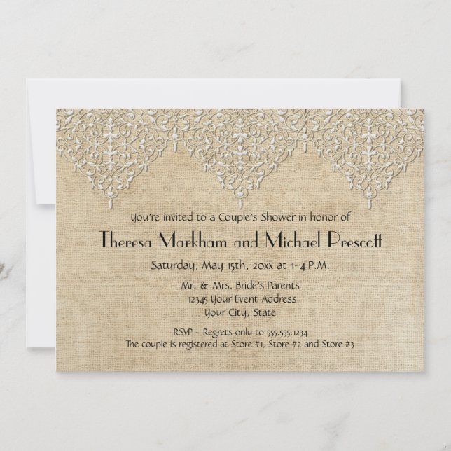BOHO Faux Burlap n Lace gypsy modern mod greyed Invitation (Front)