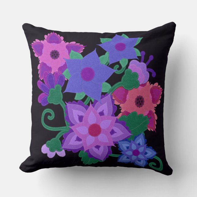 Boho Faux Felt Applique Flowers Throw Pillow (Front)
