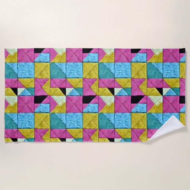 Boho Faux Patchwork Quilt Pink Yellow Blue Beach Towel (Front)