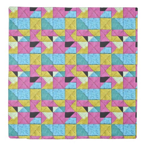 Boho Faux Patchwork Quilt Pink Yellow Blue Duvet Cover