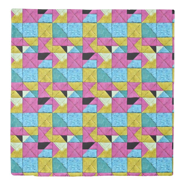 Boho Faux Patchwork Quilt Pink Yellow Blue Duvet Cover (Front)