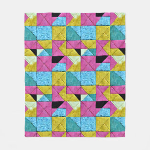 Boho Faux Patchwork Quilt Pink Yellow Blue Fleece Blanket