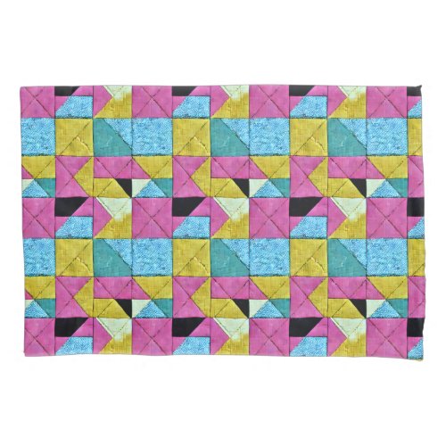 Boho Faux Patchwork Quilt Pink Yellow Blue Pillow Case