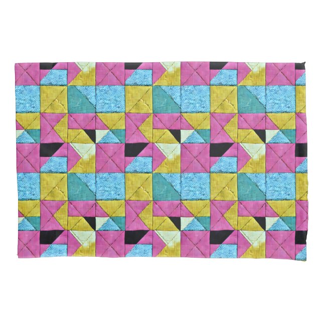 Boho Faux Patchwork Quilt Pink Yellow Blue Pillow Case (Front)