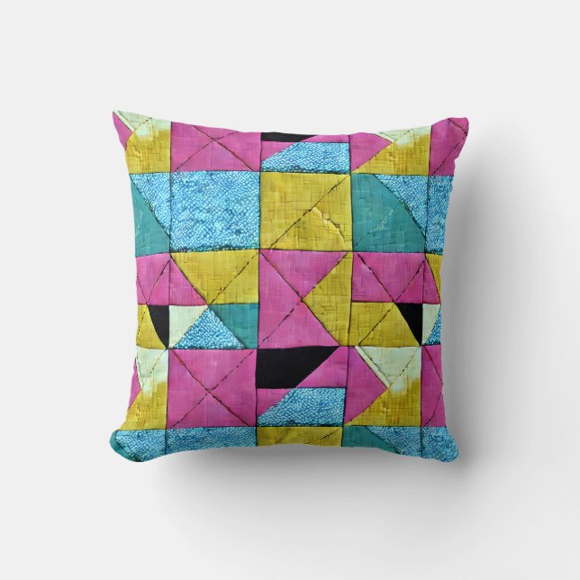 Boho Faux Patchwork Quilt Pink Yellow Blue Throw Pillow (Front)