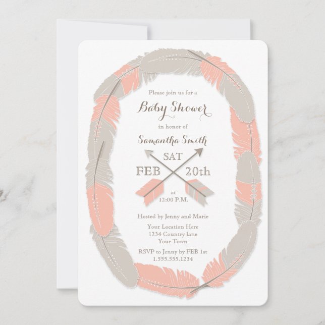 Boho Feather and Arrow Girl Baby Shower Invitation (Front)