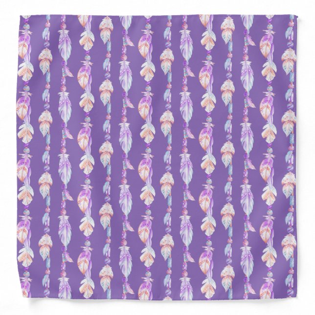 boho feather and bead watercolor art pattern scarf bandana (Front)