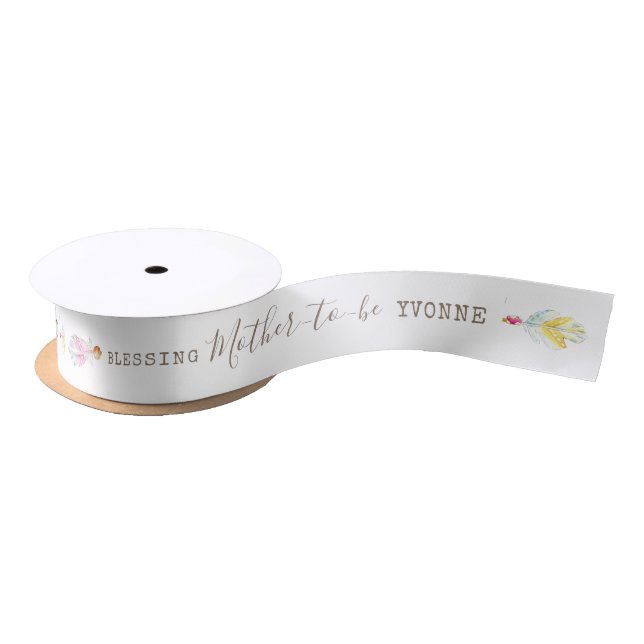 Boho feather and beads pink mother to be blessing satin ribbon (Spool)