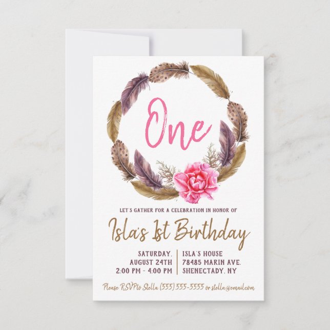 Boho Feather and Floral Wreath Birthday Invitation (Front)