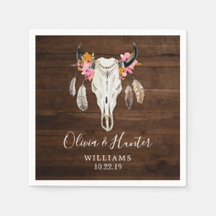 Boho Feather Antler Skull Dark Wood Wedding Napkins