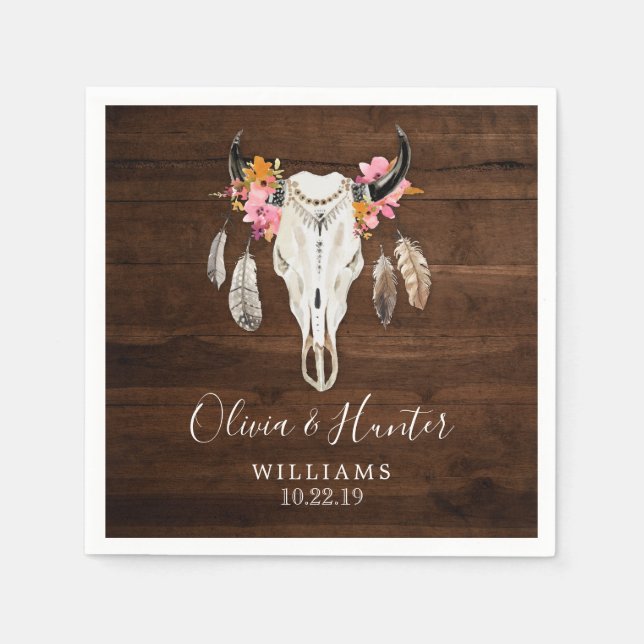 Boho Feather Antler Skull Dark Wood Wedding Napkins (Front)