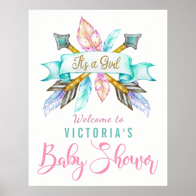 Boho Feather Arrow Baby Shower Sign Poster (Front)