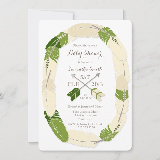 Boho Feather & Arrow Green Baby Shower Invitation (Front)