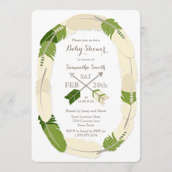 Boho Feather & Arrow Green Baby Shower Invitation by prettypicture at Zazzle