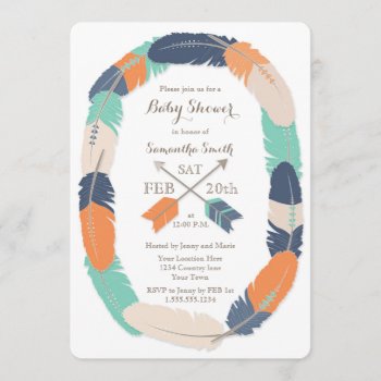 Boho Feather & Arrow Navy Orange Teal Baby Shower Invitation by prettypicture at Zazzle