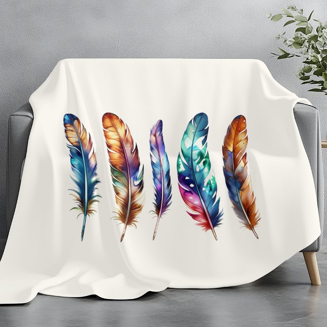 Boho Feather Art Cozy Cream Graphic Feather Print Fleece Blanket (Creator Uploaded)
