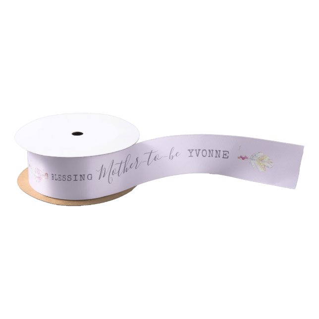 Boho feather beads purple mother to be blessing  satin ribbon (Spool)