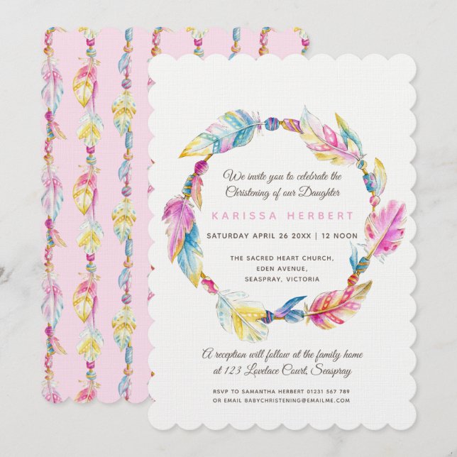 Boho feather beads watercolor pink christening invitation (Front/Back)